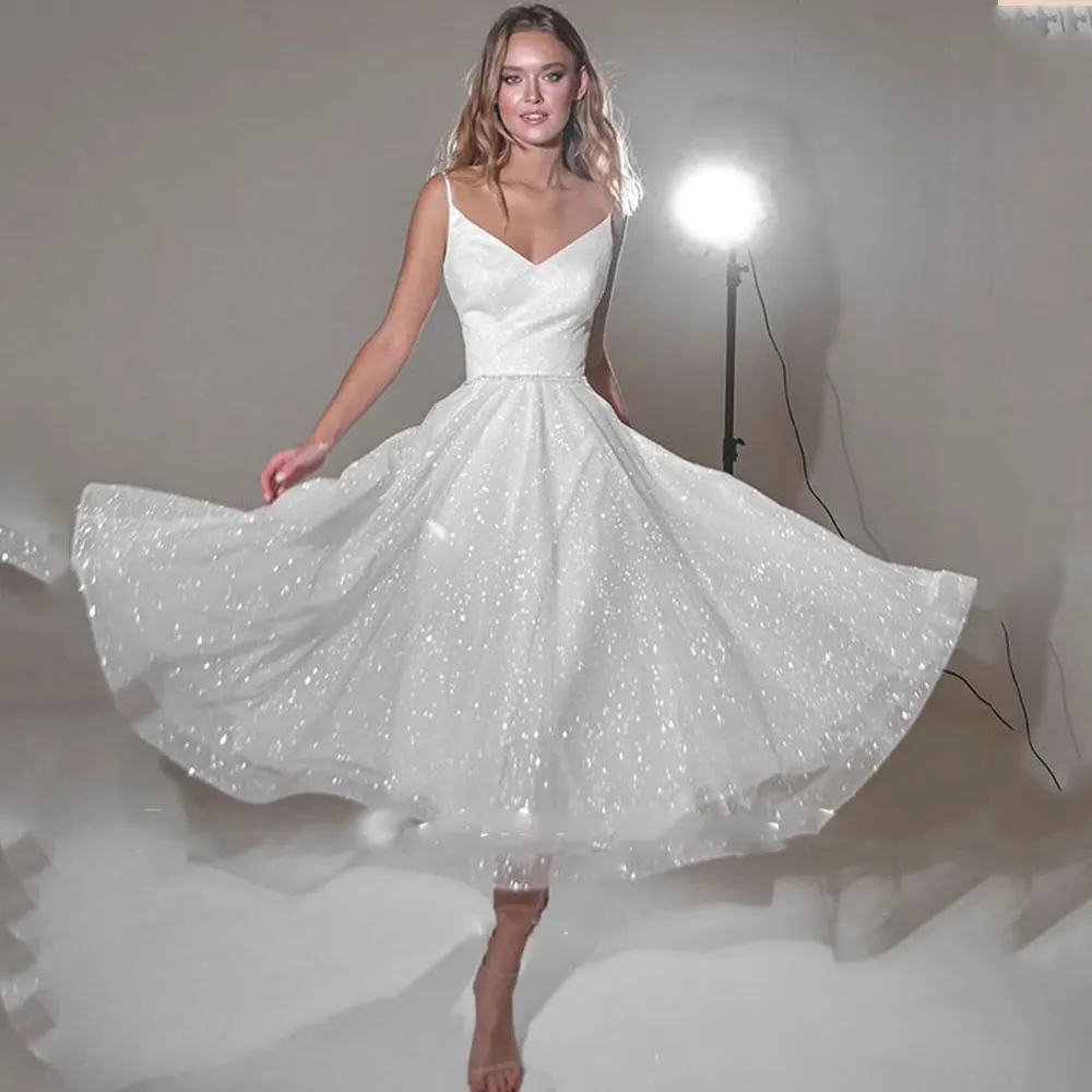 Shining Glitter Wedding Dress Women Sleeveless 2024 Pleats Sweetheart Tea Length Bridal Gowns Custom Made Garden Civil Wedding