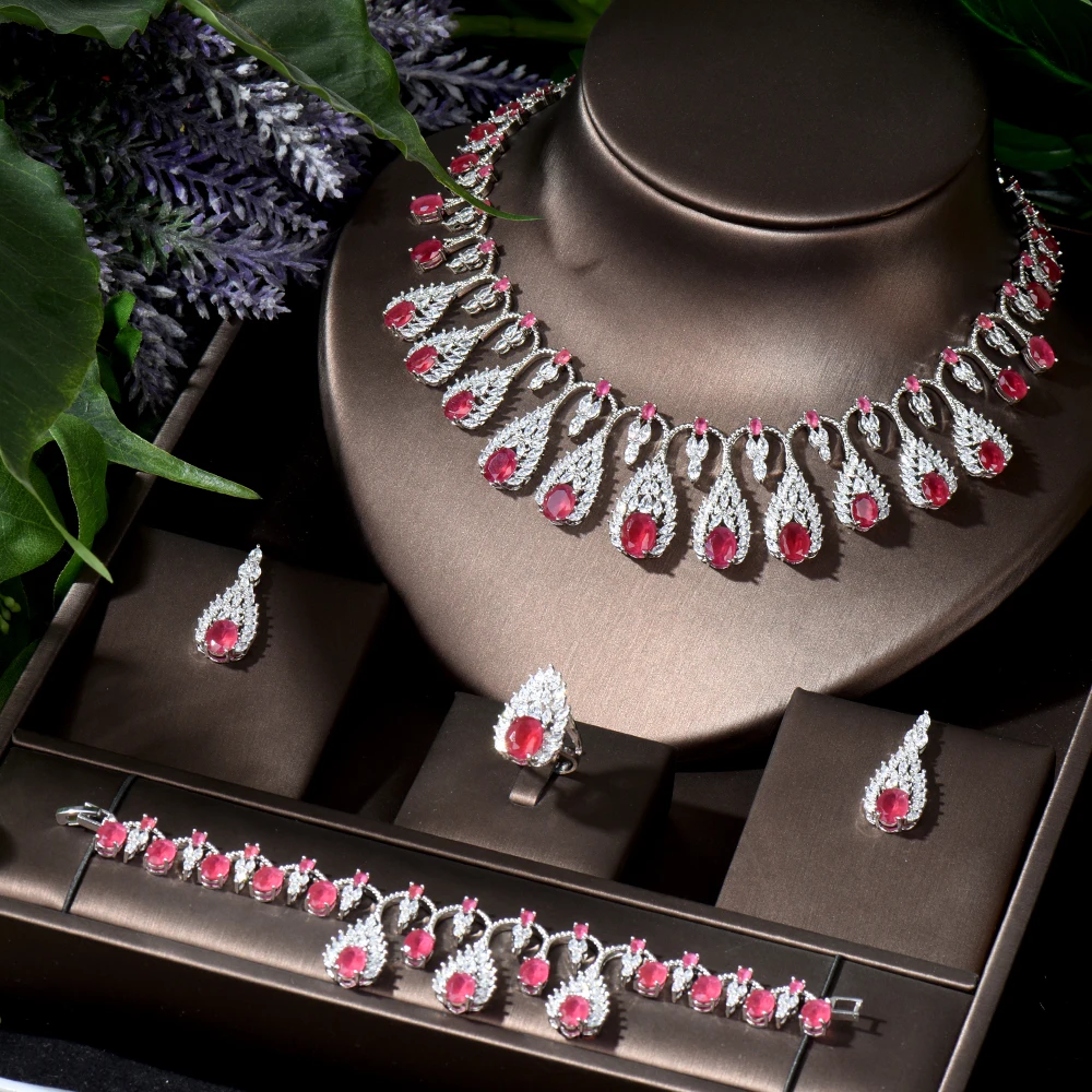 

HIBRIDE Fashion High Quality 4pcs Women Bridal Wedding Jewelry Set Red Color Zirconia Water Drop Necklace and Earring Set N-997