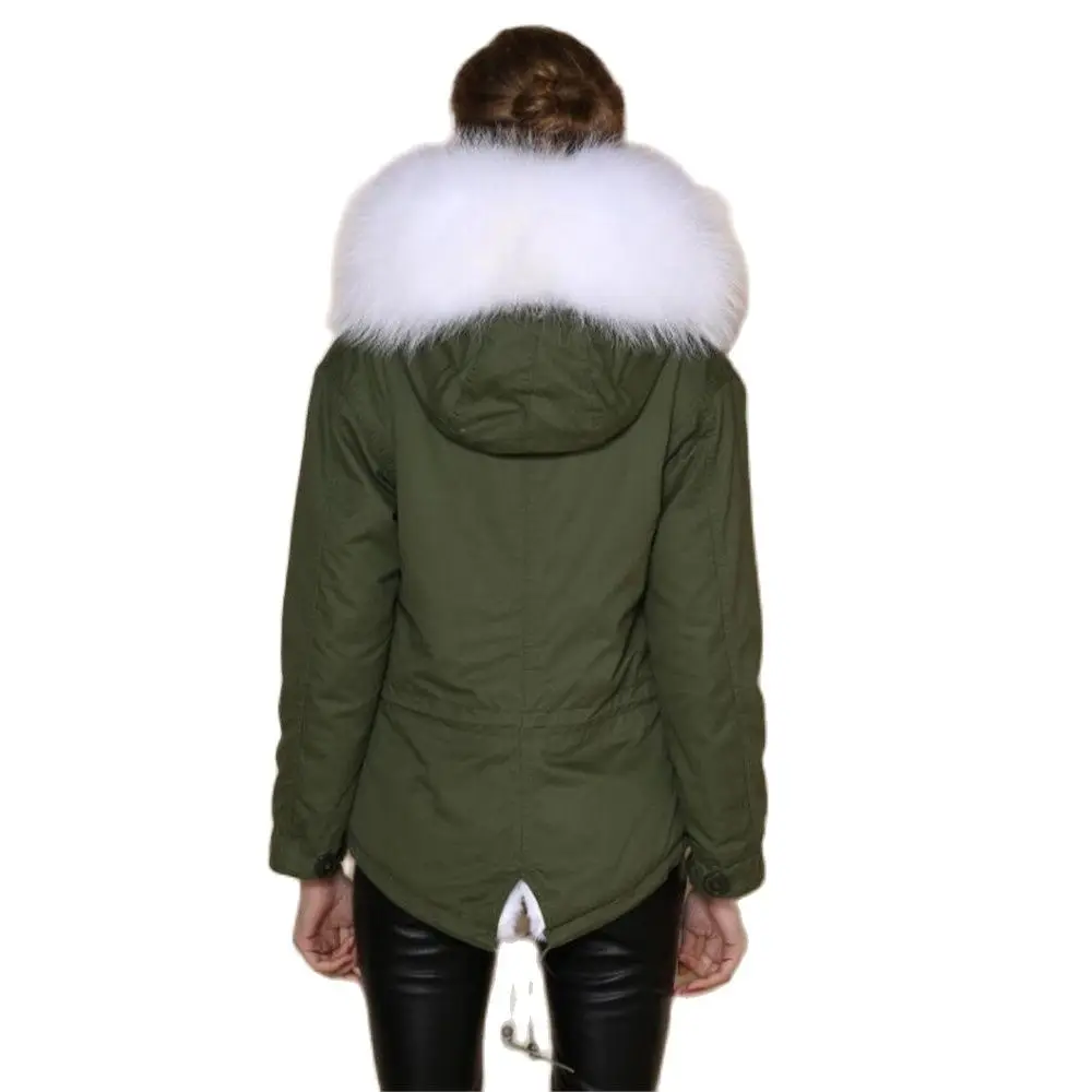 Hot Sale White Faux Fur Lined Parka Winter Short Coat For Women With White Raccoon Fur Collar