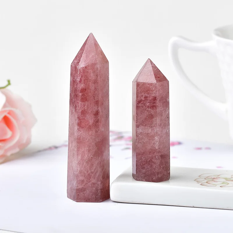 1PC Natural Strawberry Crystal Healing Stone Meditation Reiki Hexagonal Obelisk Quartz Tower Wand Mineral Home Decoration Gift