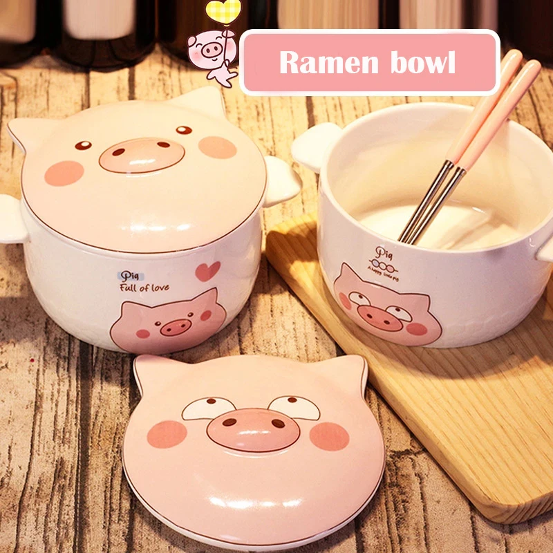 Ceramic Ramen Rice Bowl Cute Kawaii Cartoon Pig Instant Noodle Bowl  Fruit Salad Soup Bowls Mug Tableware Kitchen Accessories