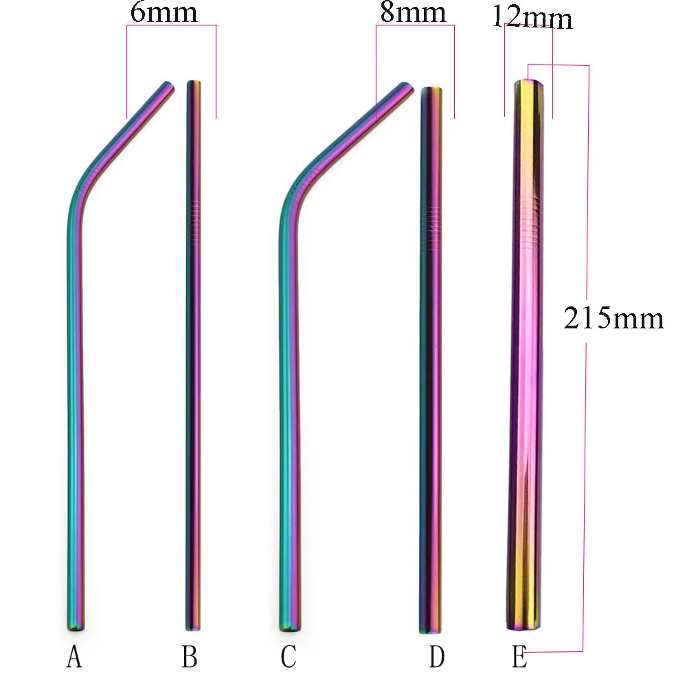 6/8/12*215mm Stainless Steel Rainbow Black Drinking Straw Reusable Straight Metal Straws Fruit Juice Milk Bar Accessories 1pc