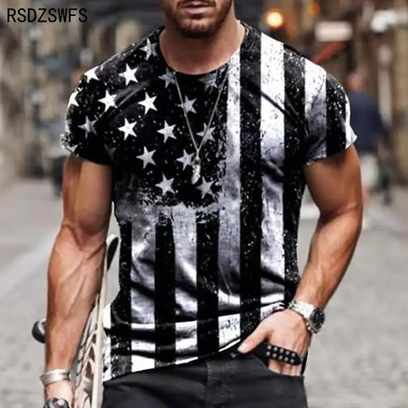 2021 Summer American Flag 3D Print Men Casual Fashion T-shirt Round Neck Loose Oversize Muscle Streetwear Clothing Man\'s Tshirts