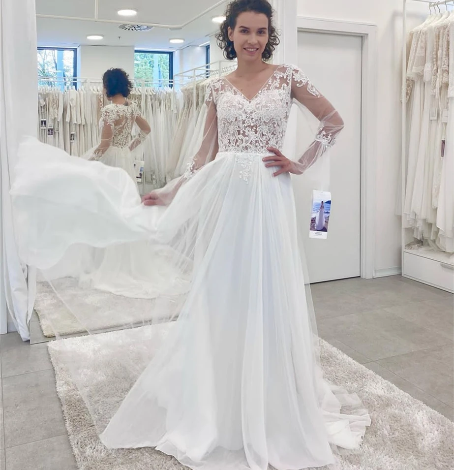 Vestido de casamento a linha decote em v manga cheia rendas apliques botão lantejoulas tule andar comprimento varredura trem vestido de noiva sob medida feito novo