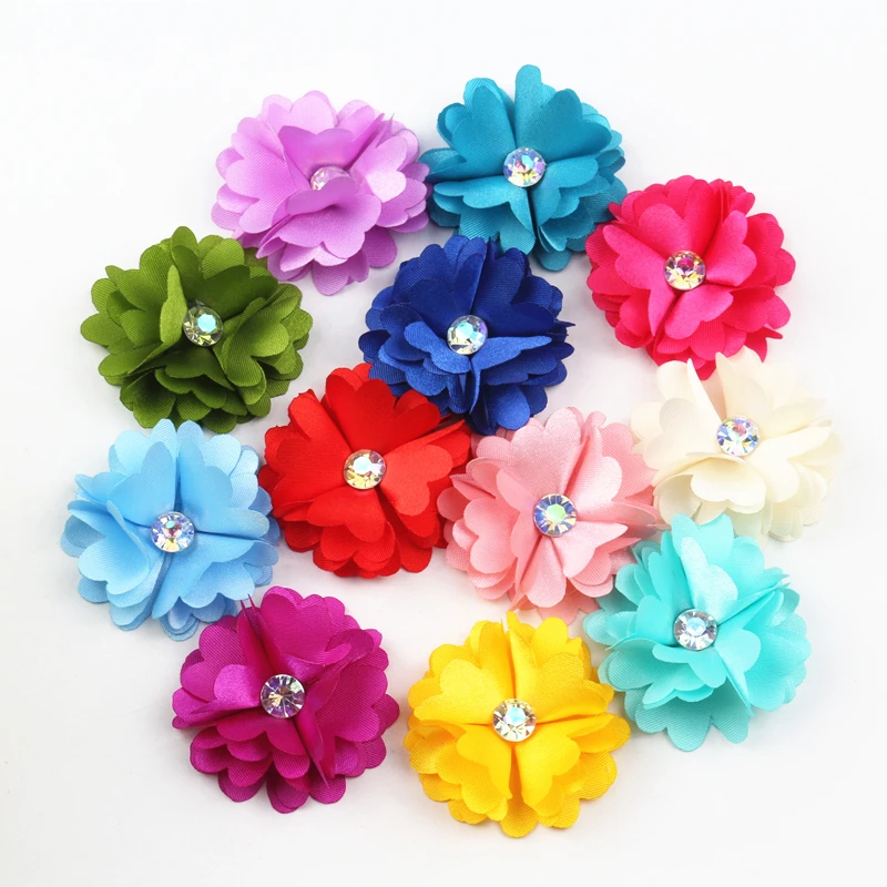 100Pcs Mix Colors Chiffon Fabric Flower Tassels With Rhinestone For Wedding Invitation Artificial Flowers For Dress Decoration