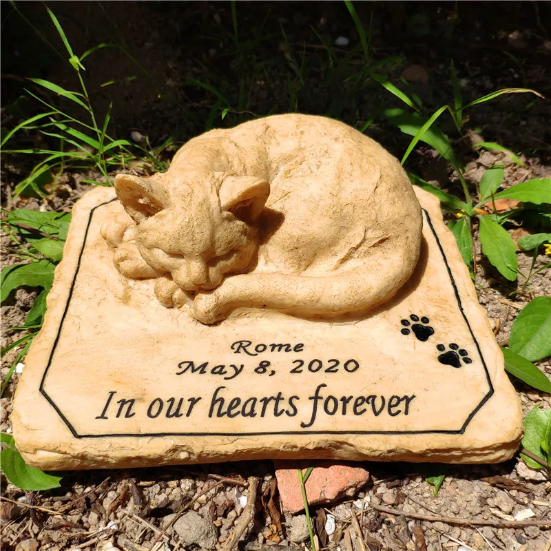 Personalized Cat Memorial Stones with A 3-D Sleeping Cat On The Top Paw Print Outdoors  Indoors forGarden Backyard Grave Markers