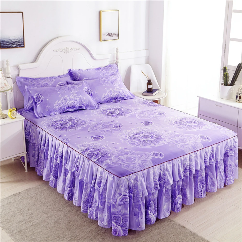 Fashion Nordic Romantic Flower Pattern Polyester Ruffled Bedspreads Bed Skirt Queen Bed Covers Bedclothes Sheet Home Room Decor