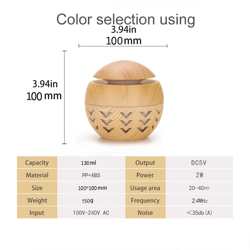 130ML 공기 가습기 전기 아로마 기관총 안개 우드 그레인 에센셜 오일 기관총 자동차 홈 오피스에 대 한 7 LED 빛