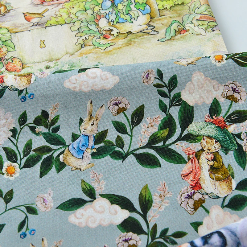 100%Cotton Fabric Rabbit Printed Cartoon Pastoral Style for Sewing Baby Clothes Per Half Meter