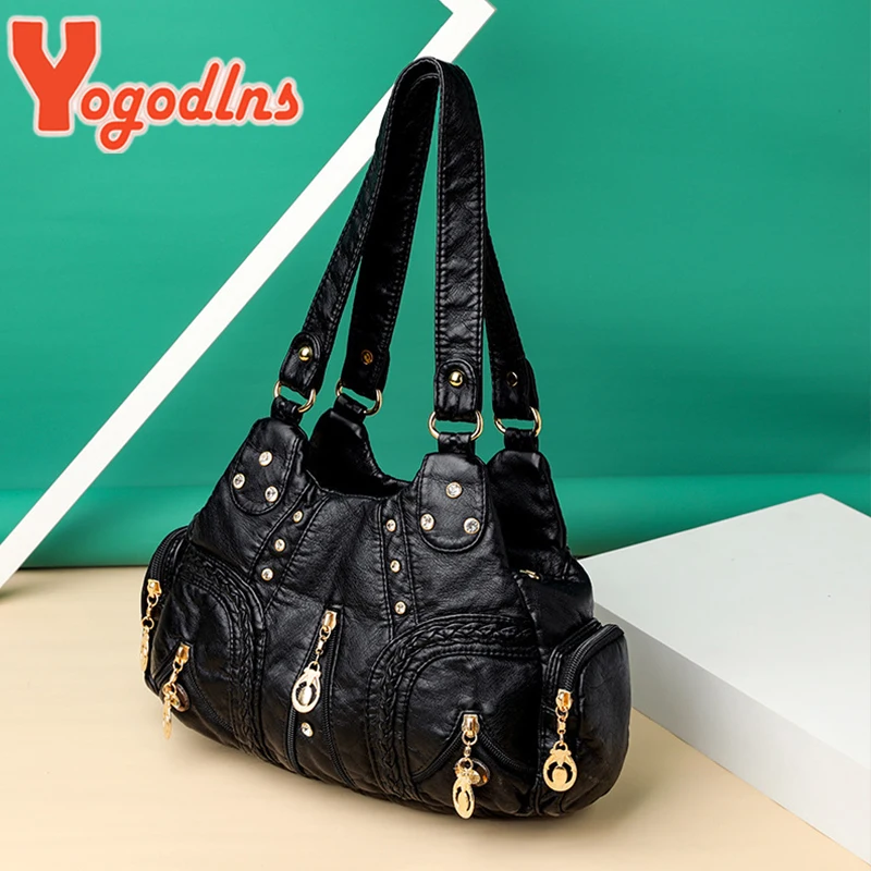 Yogodlns Vintage Soft PU Leather Shoulder Bag Women Large Capacity Handbag Fashion Crossbody Bag Stitching Color Handle Bag sac