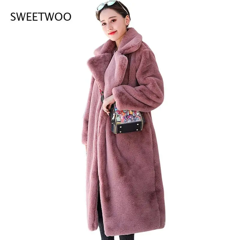 Winter Women High Quality Faux Rabbit Fur Coat Luxury Long Fur Coat Loose Lapel Overcoat Thick Warm  Female Plush Coats