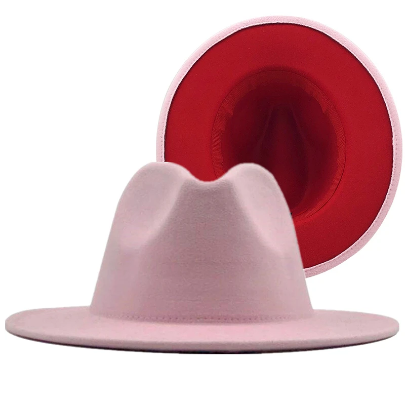 

Unisex pink Inner red girl Wool Felt Jazz Fedora Hats with Thin Belt Buckle Men Women 7.5CM Wide Brim Panama Trilby Cap 57-60CM