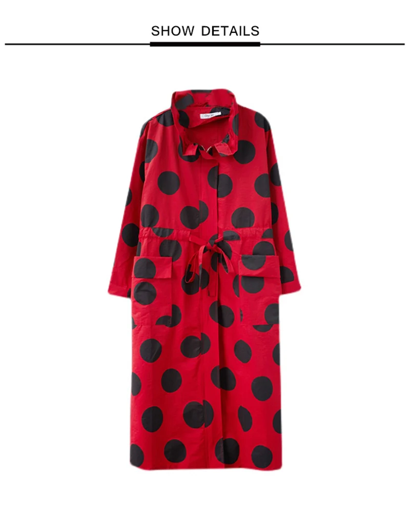 2026 Autumn Winter Oversized Polka Dot Long Trench Coat For Women Clothes Stand Collar Drawstring Fashion Casual Loose Outerwear