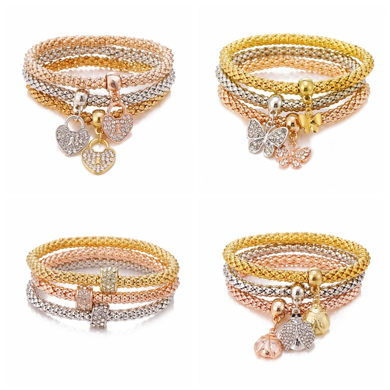 KISS WIFE 3 Pcs/Set Crystal Butterfly Charm Bracelets & Bangles Golden Alloy Insect Heart Pendants Rhinestone Bracelet For Women