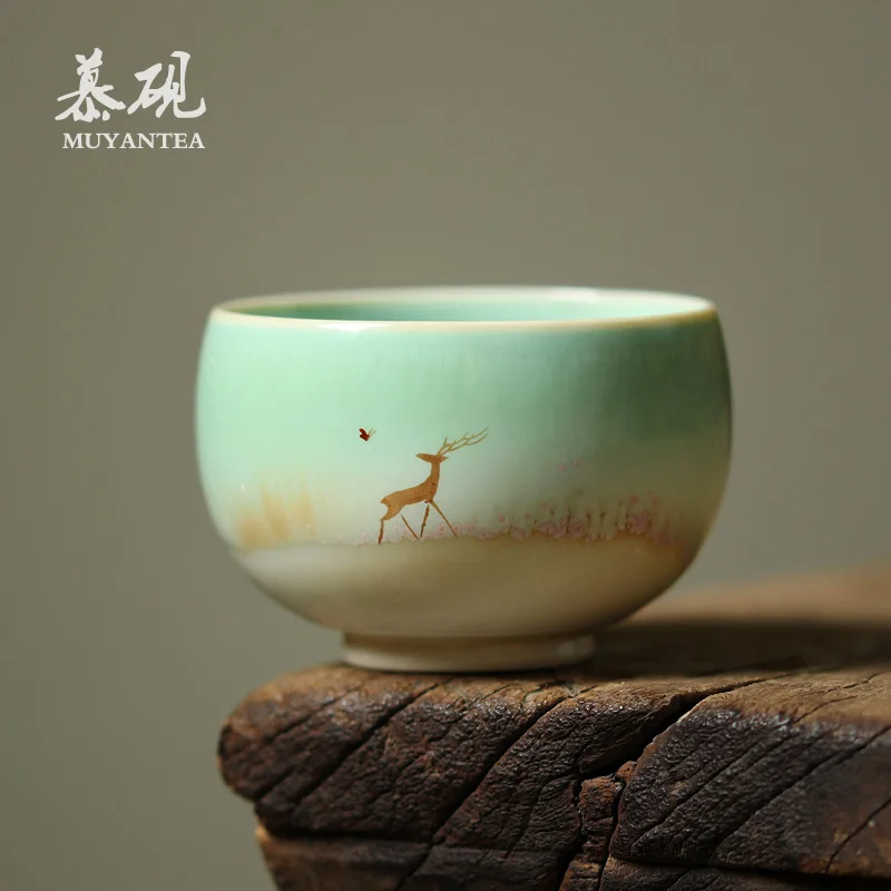 pure hand-painted Xiaolu Xunfang kiln becomes emerald green tea cup overglaze color manual master tea cup tea set