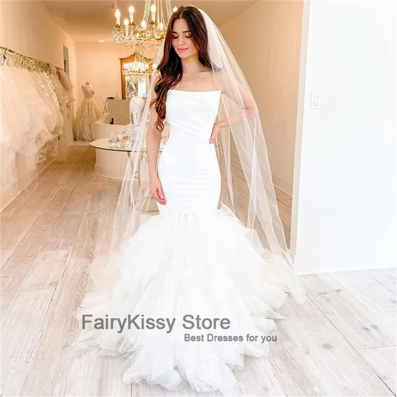 Fairykissy elegante cetim tule vestidos de casamento sereia sem alças sem mangas branco princesa vestidos de festa de casamento para mulher 2021