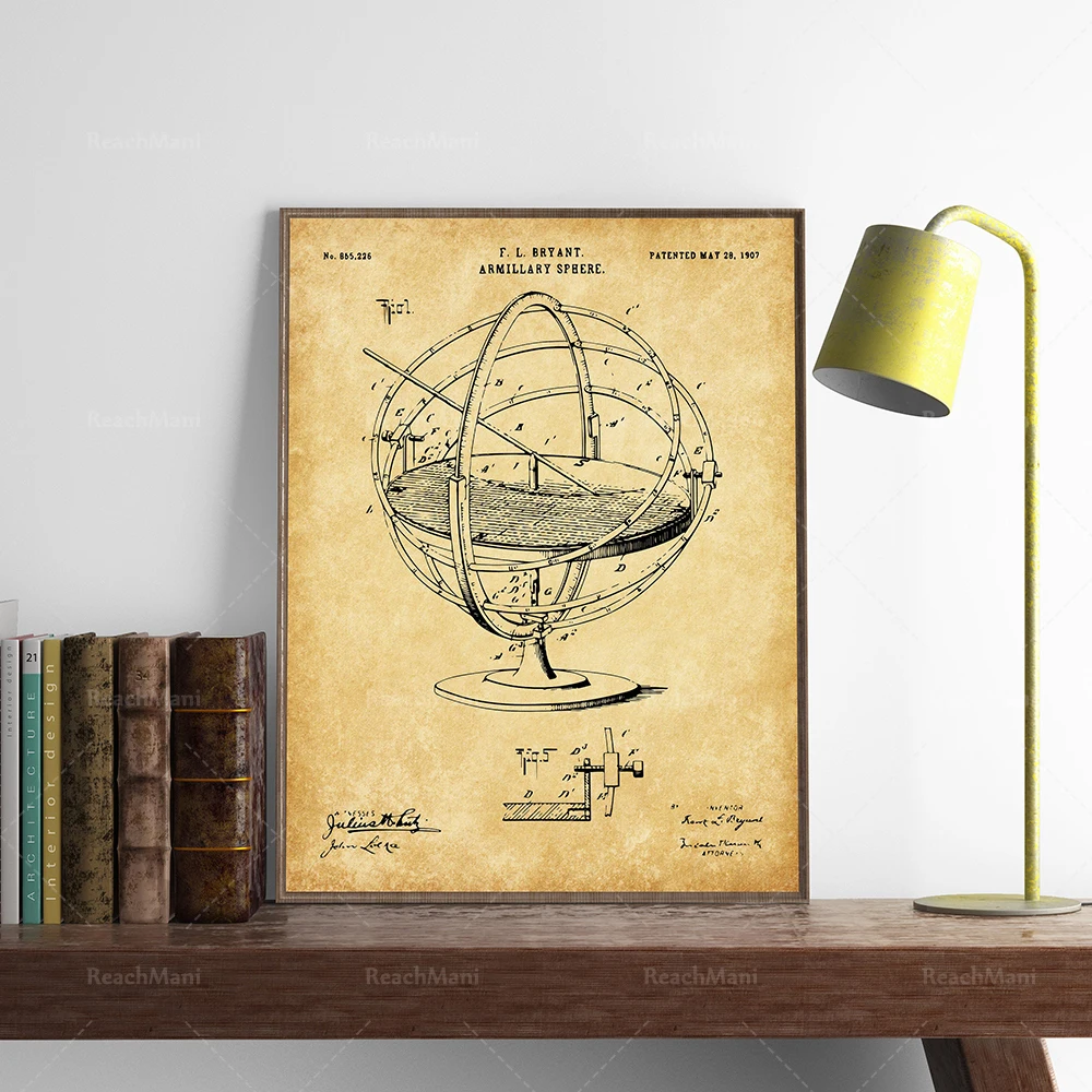 Astronomy patent set 3 pieces, planetarium, solar system armillary sphere, astronomical ball poster print