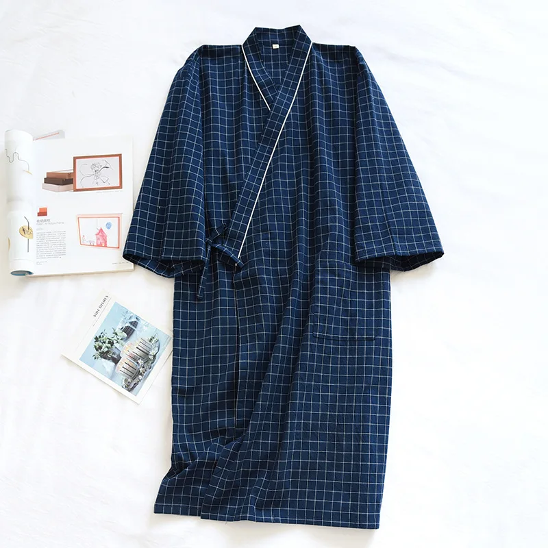 2021 Japanese-style Kimono Plaid Home Nightgown Summer 100% Cotton Thin Ladies Long Robes Men Bathrobe Robe Home Service Pajamas