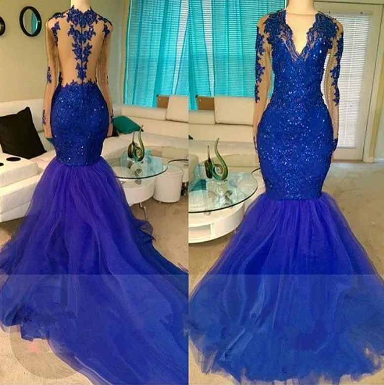 

Shinny Royal Blue Mermaid Prom Dresses Sexy Illusion Long Sleeves Sheer Appliqued Sequined Long Tulle Party Evening Gowns