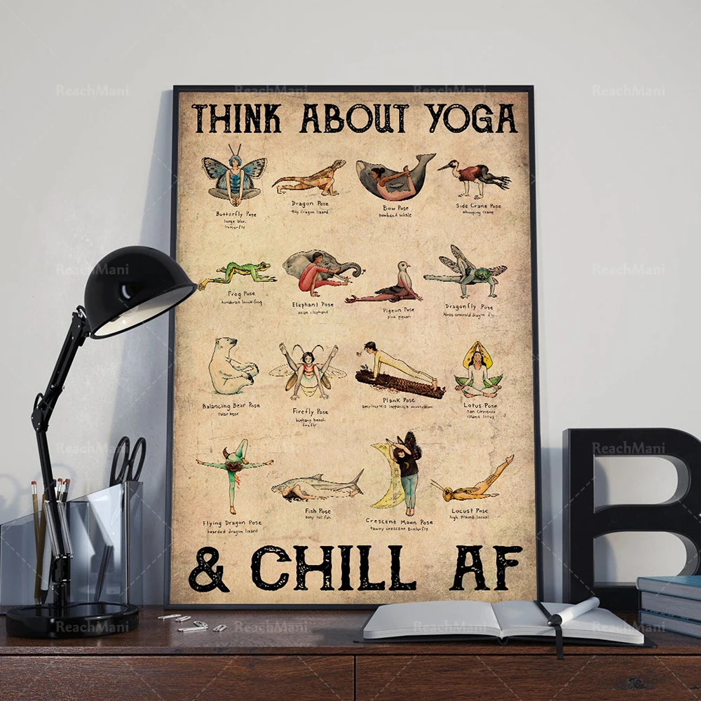 Think About Yoga Chill Af Poster, Funny Yoga Wall Art, Vintage Meditation Poster, Yoga Guide Poster, Practice Yoga From Home