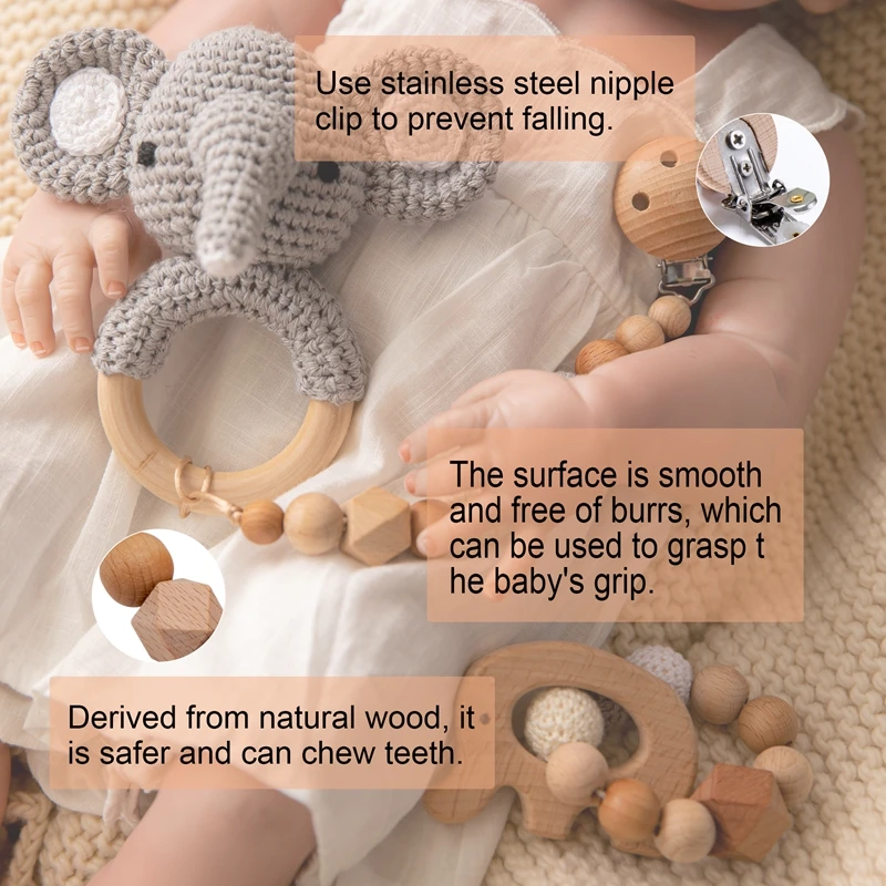 3pcs/lot Baby Rattle Animal Crochet Wooden Ring Toys Baby Teethers For Baby Products DIY Crafts Teething Rattle Amigurumi Toys