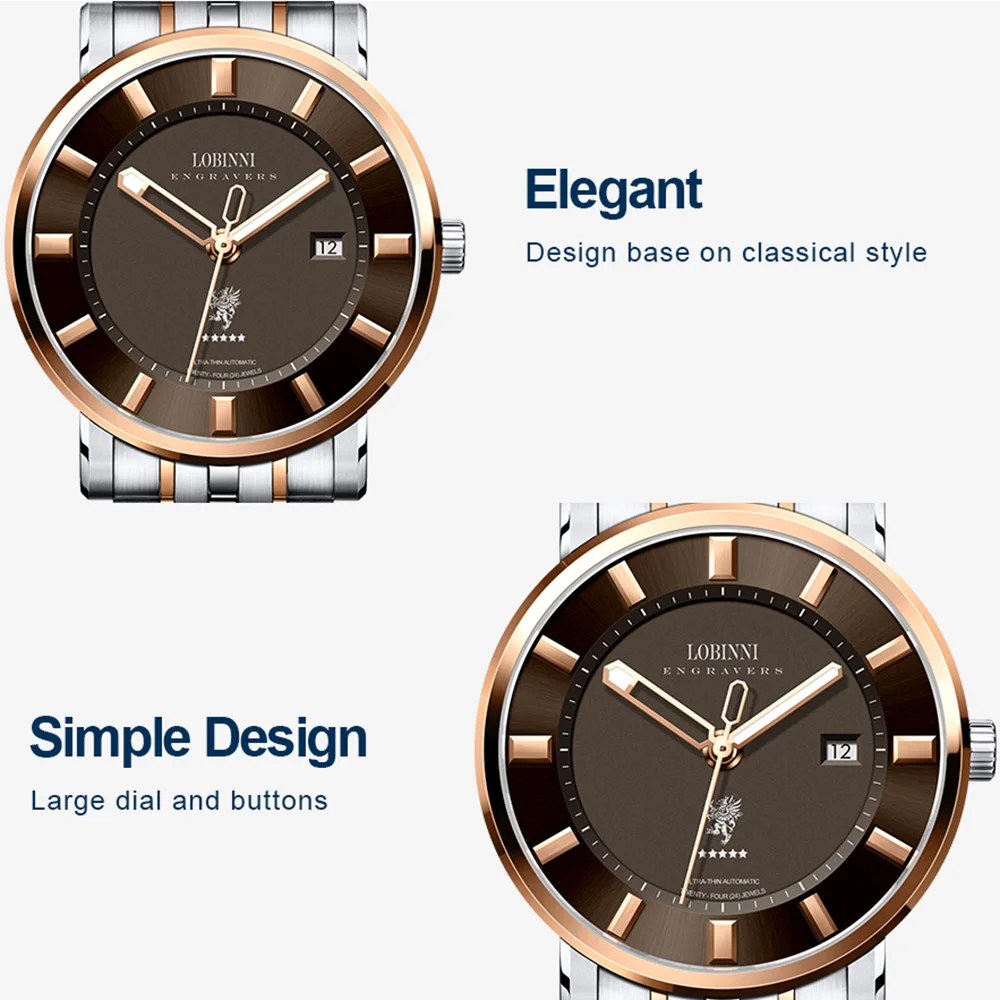 LOBINNI Orologio automatico da uomo 42 mm Orologio da polso meccanico 5ATM Cinturino in acciaio zaffiro luminoso impermeabile