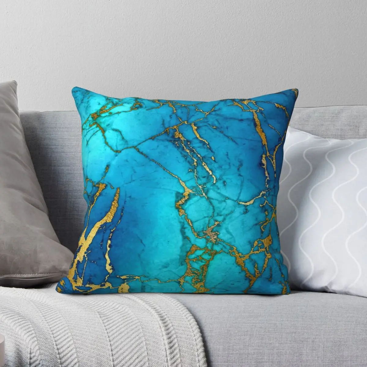 Teal Blue Marble Gold Glitter Veins Pillowcase Polyester Linen Velvet Creative Decor Throw Pillow Case Room Cushion Cover