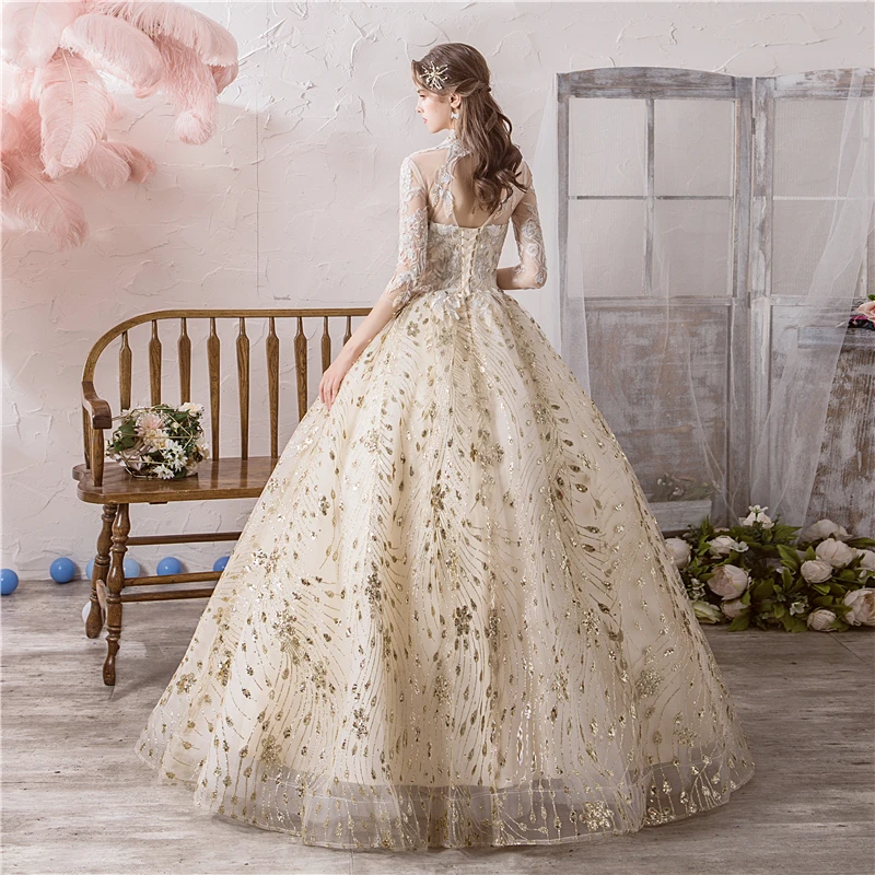 Customized High Neck Champagne Half Sleeve Wedding Dress Vintage Luxury Lace Embroidery Illioun Princess Gown Robe De Mariee