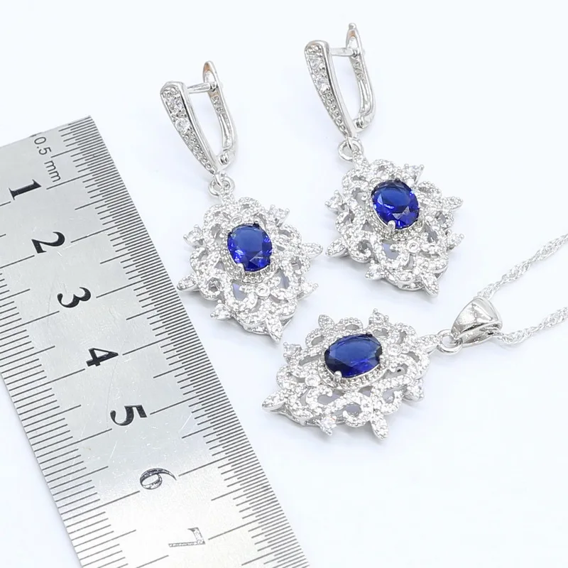 Silver 925 Bridal Jewelry Sets for Women Blue Crystal Bracelet Earrings Necklace Pendant Ring Wedding Gift Box