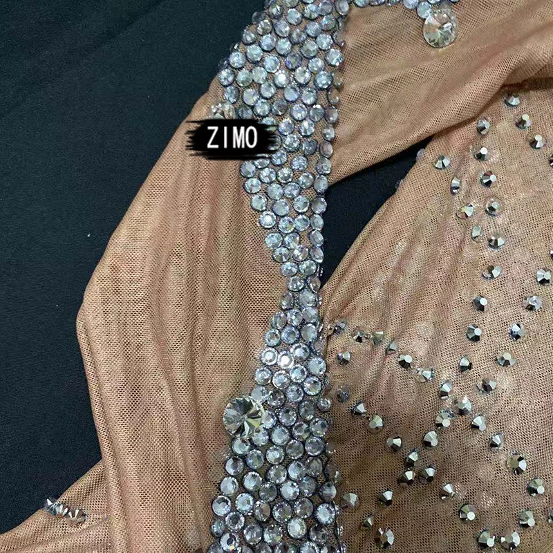 여성용 섹시한 실버 라인석 바디수트, 바 나이트클럽 쇼걸 댄스 폴 파티, 탄성 레오타드 무대 의상, 축제 패션