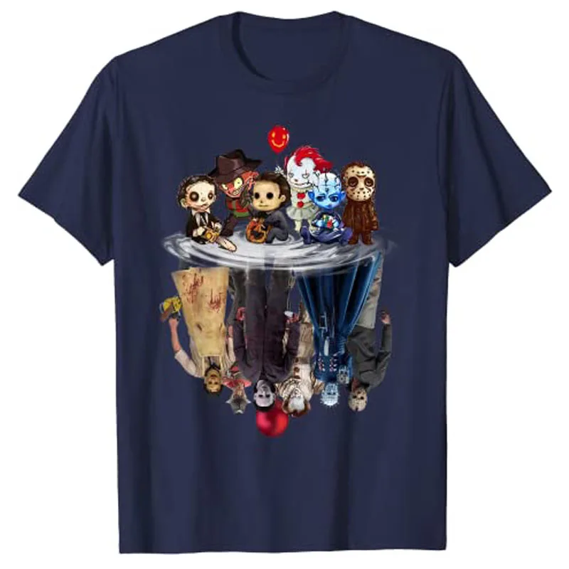 Cute Horror Movie Chibi Character Water Reflection Halloween T-Shirt Graphic Tees Oversized T Shirt Graphic Gift