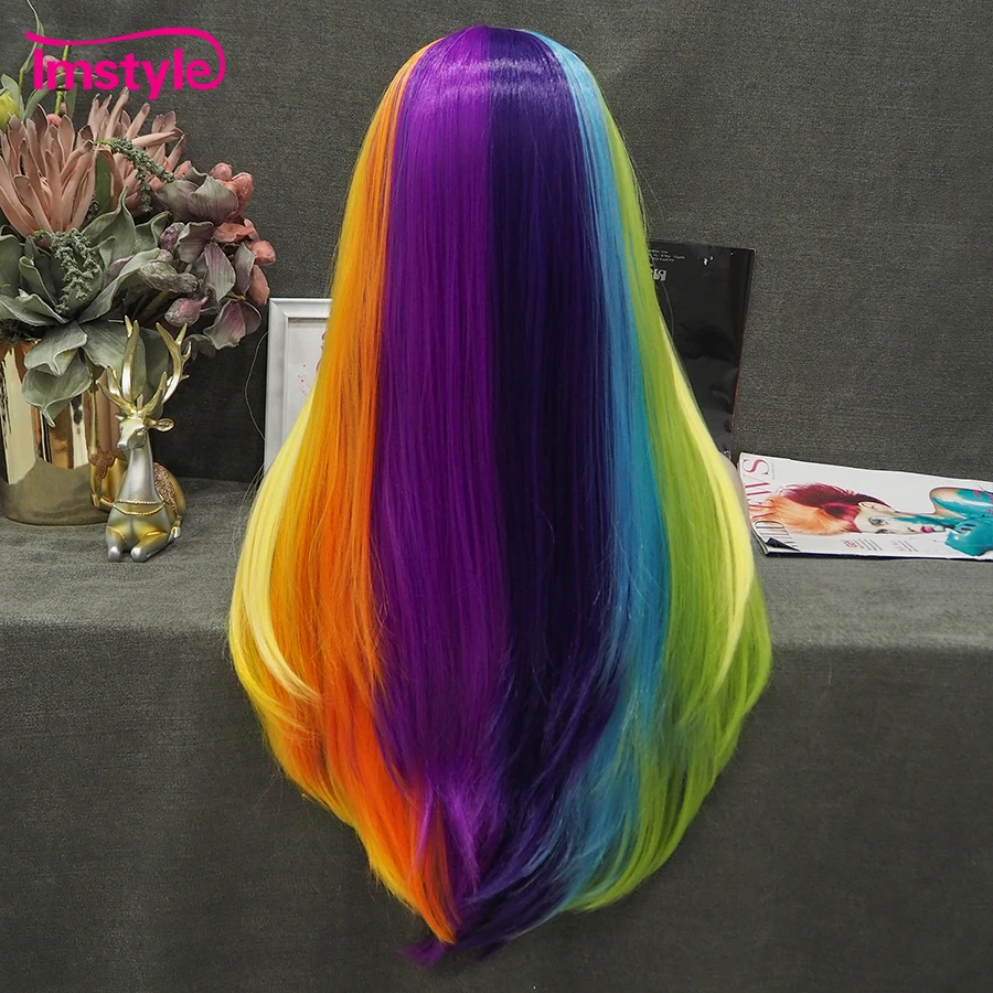 Imstyle Colorful Wig Long Synthetic Lace Front Wig Noctilucent Hair Heat Resistant Fiber Straight Rainbow Wigs For Women Party