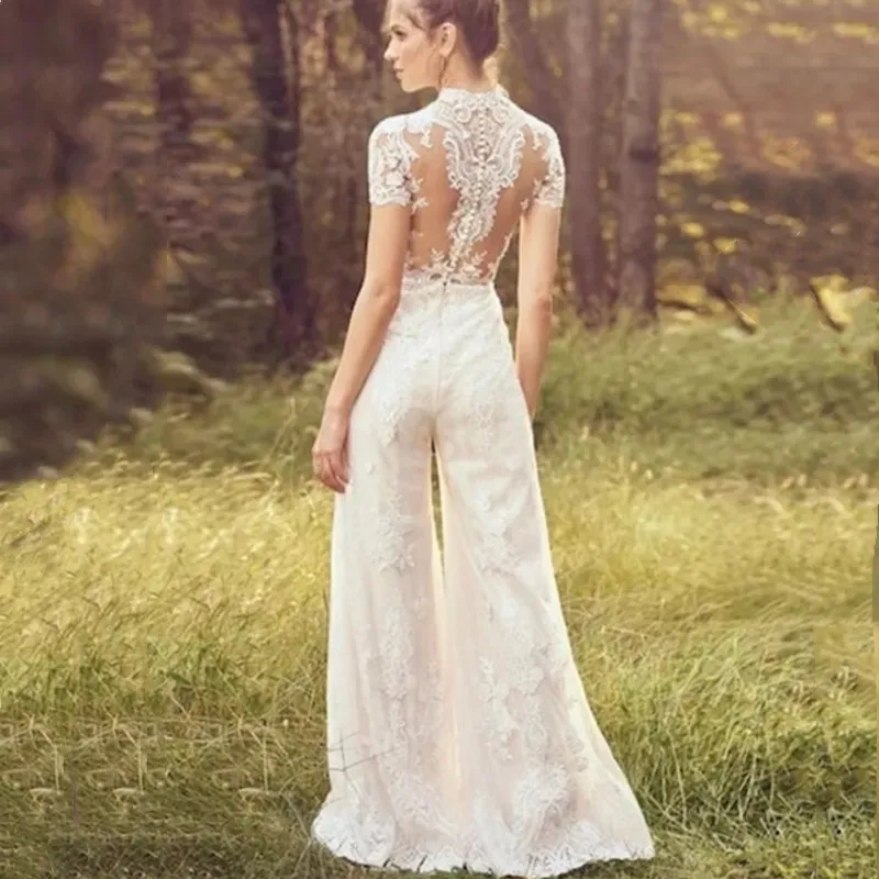 Gaun pernikahan Jumpsuit elegan untuk wanita 2024 gaun pengantin renda Applique lengan pendek leher-o gaun pengantin ilusi Novia