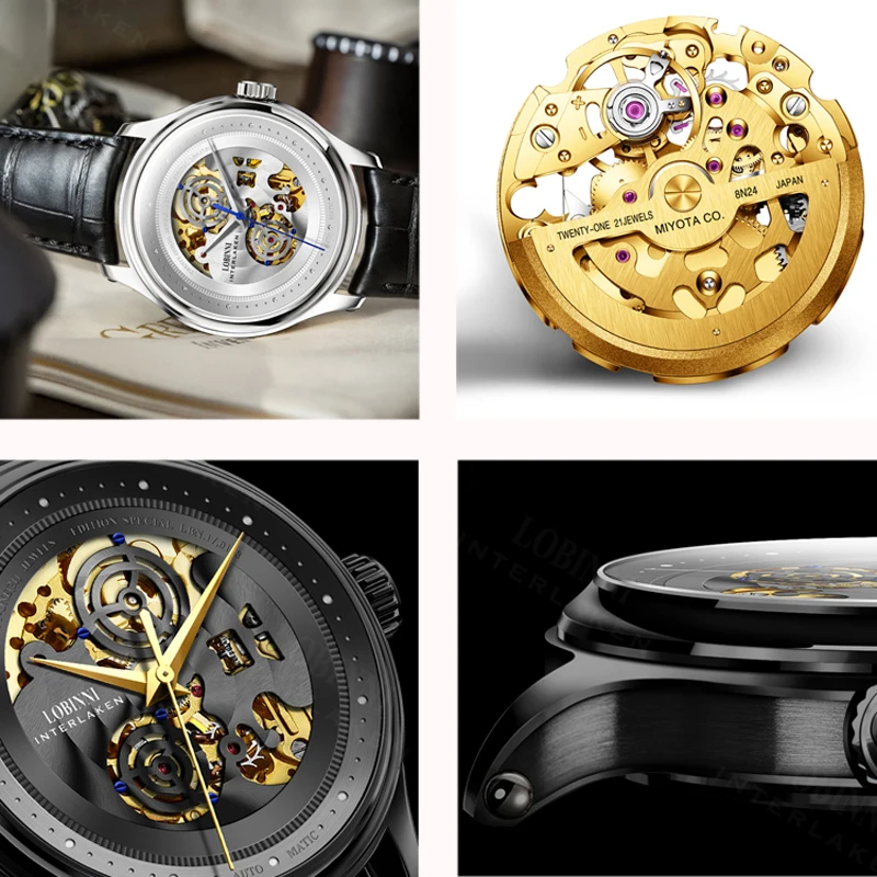 LOBINNI Orologi meccanici scheletrati analogici di moda Top Brand Vetro zaffiro Orologi automatici da uomo impermeabili reloj hombre