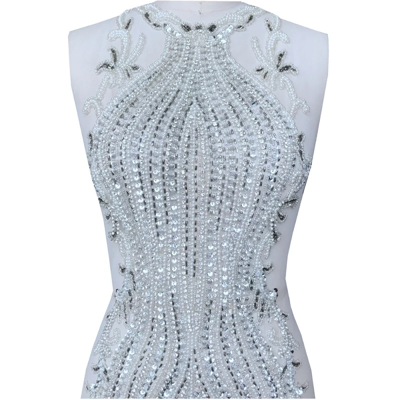 

1Piece Luxury Handmade Rhinestones Applique Full Body Sew on Pearls Beads Stones Trim Patches Mesh for Wedding Dress