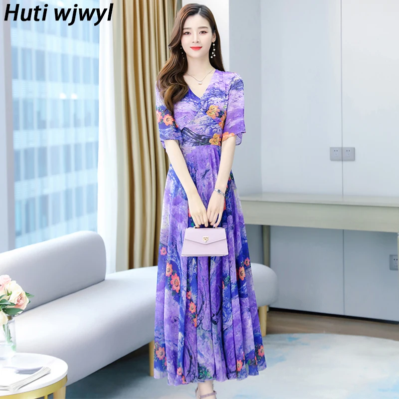 Vintage Chiffon Casual Midi prendisole 2024 primavera estate elegante donna Boho Beach Maxi Dress Party manica corta abiti da sera