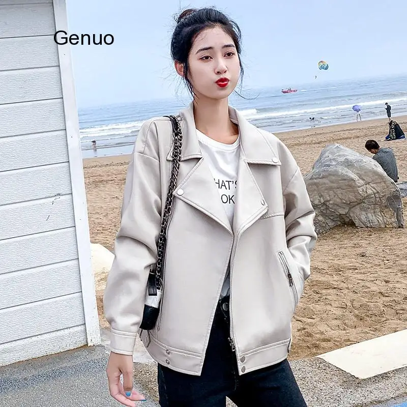 

New Women Casual Loose Faux Leather Jacket Soft Pu Leather Moto Biker Jackets Basic Coats Ladies Oversized Outerwear