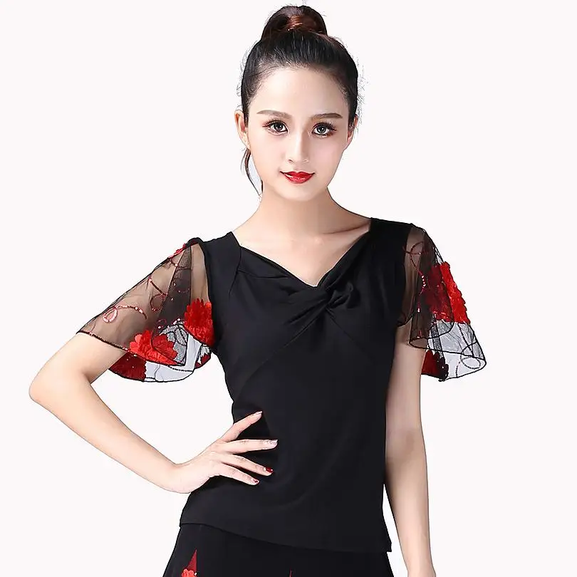 Neue Ballroom Dance Tops Standard Moderne Tanz Kostüm Flamenco Bluse Leistung Kleidung Walzer Dancewear Kurzen Ärmeln 7 Farben