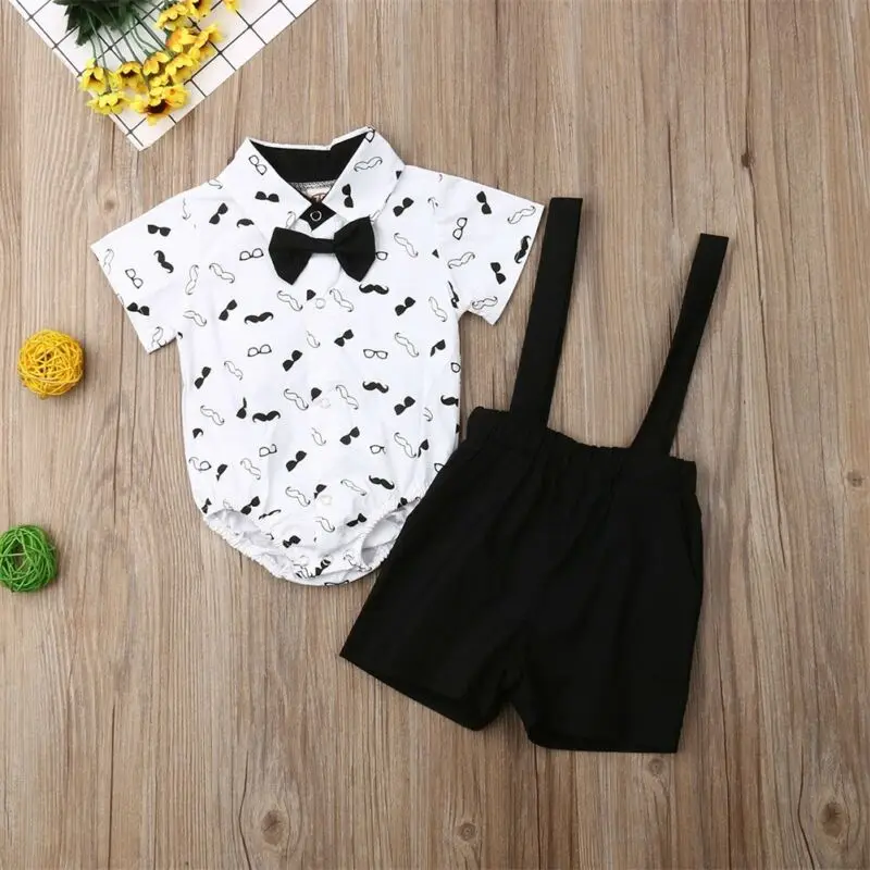 Infant Baby Boys Fashion 2PCS Outfits Short Sleeve Gentlemen Bowknot T-Shirt+Bib Pants Formal Clothes Set