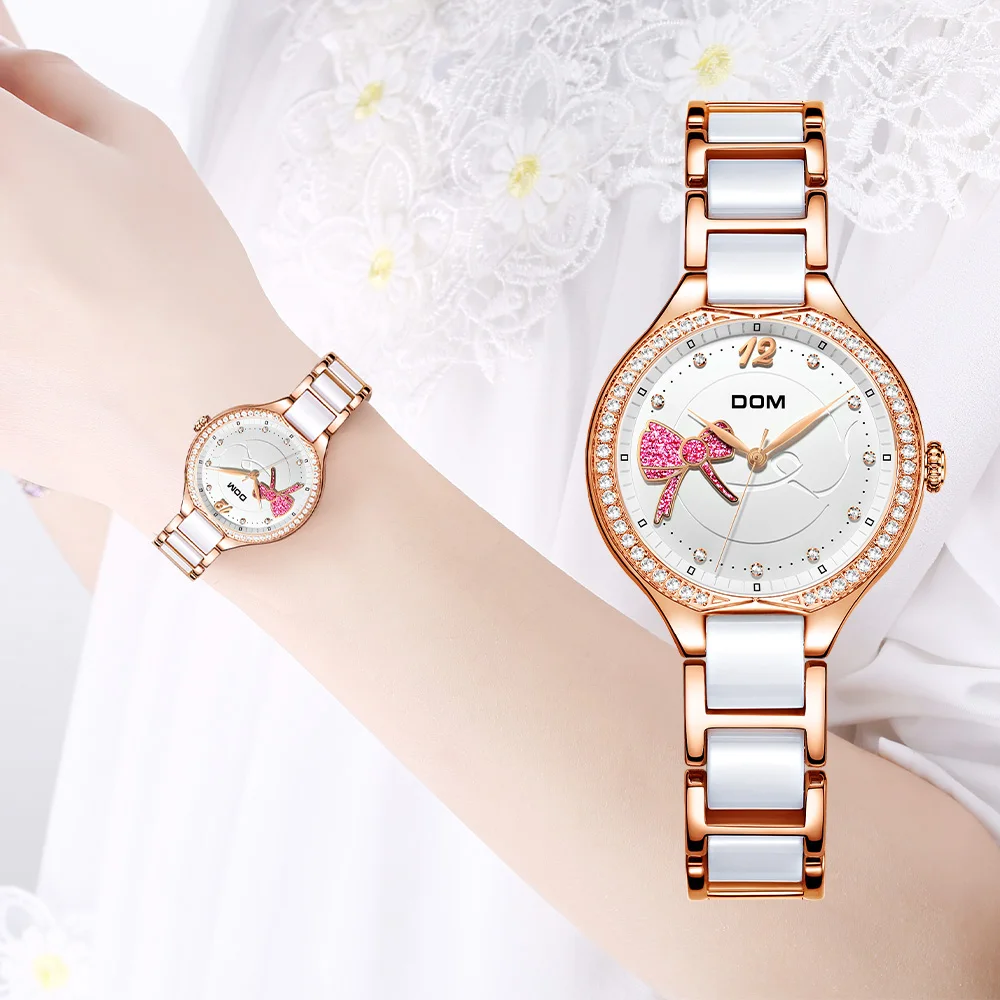 DOM Ladies Quartz Watch Bracelet Ceramic Strap Top Luxury Brand Dress Geneva Quartz Clock Rose Gold Bow Luxury Ladies Watch