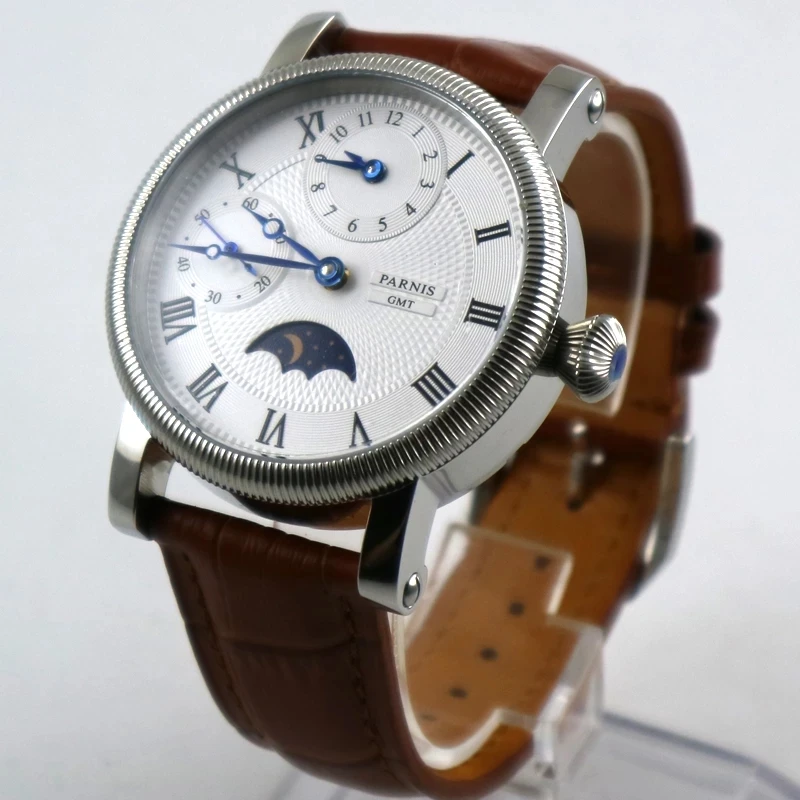 Fashion 43mm Parnis White Dial Blue Hands Leather Strap GMT Moon Phase Mechanical Hand Wind Men\'s Watch Top Luxury Brand Gift