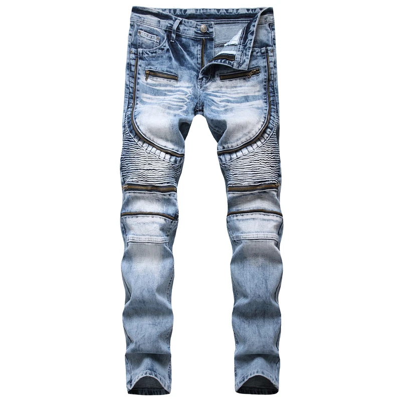 

Trendy Brand Europe America Jeans Hole Folds Men's Design Zipper Trousers Spring Autumn Handsome Locomotive Casual Denim Pants