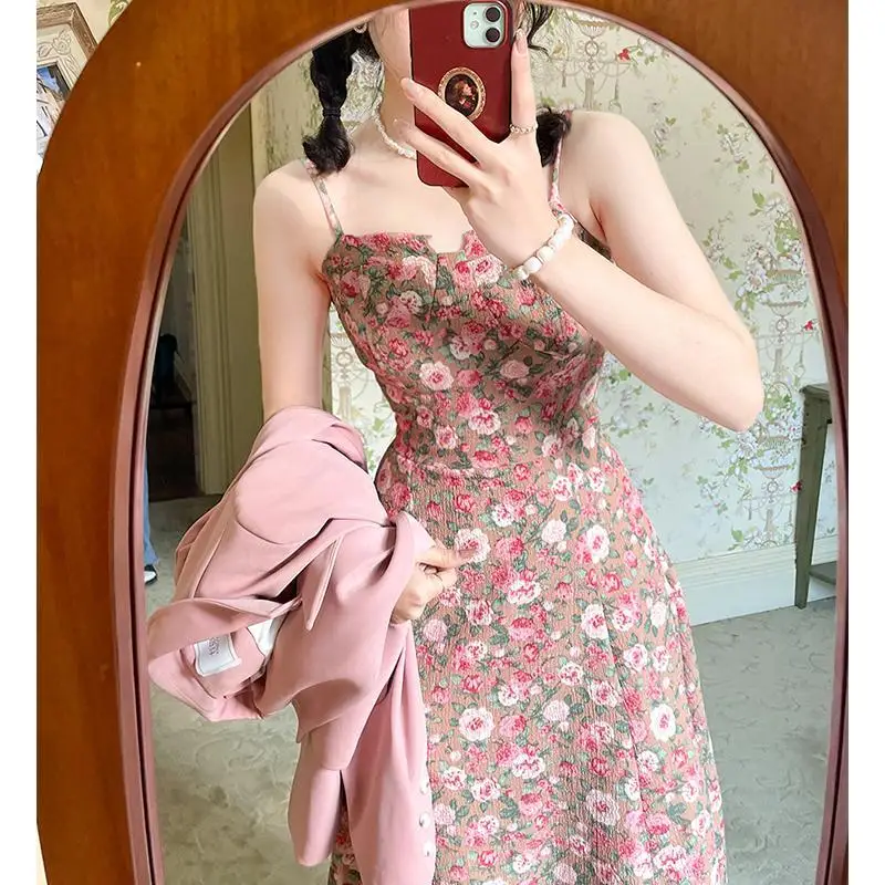 

2021 summer new style plus size first love sweet floral sling dress female oil painting floral sling dress spring and summer