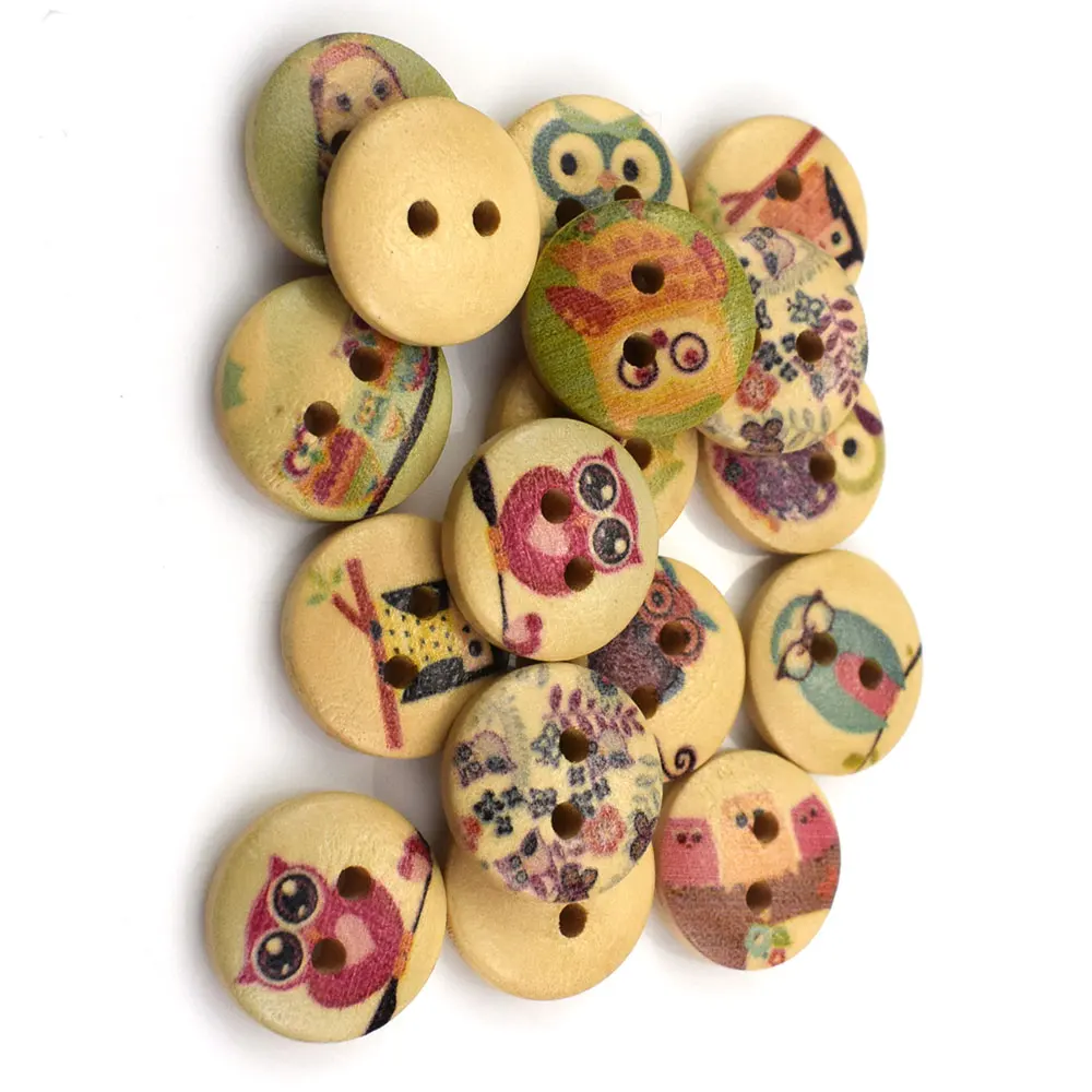 15MM Mixed Owls New Printed Round Wooden Button 2 Holes Mixed Wood Buttons Sewing Accessories for Clothing Decoration DIY