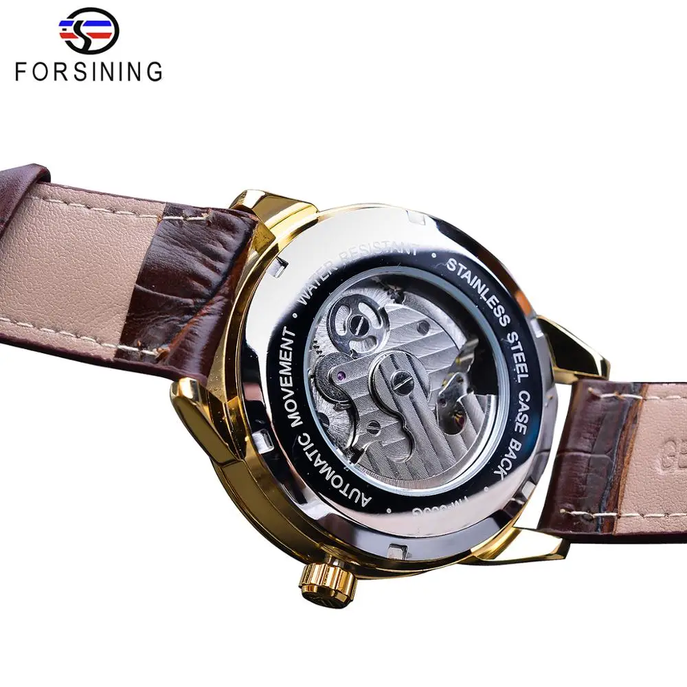 Forsining-relojes mecánicos automáticos para hombre, reloj dorado con correa de cuero genuino, informal, resistente al agua, fase lunar, Erkek Kol Saati