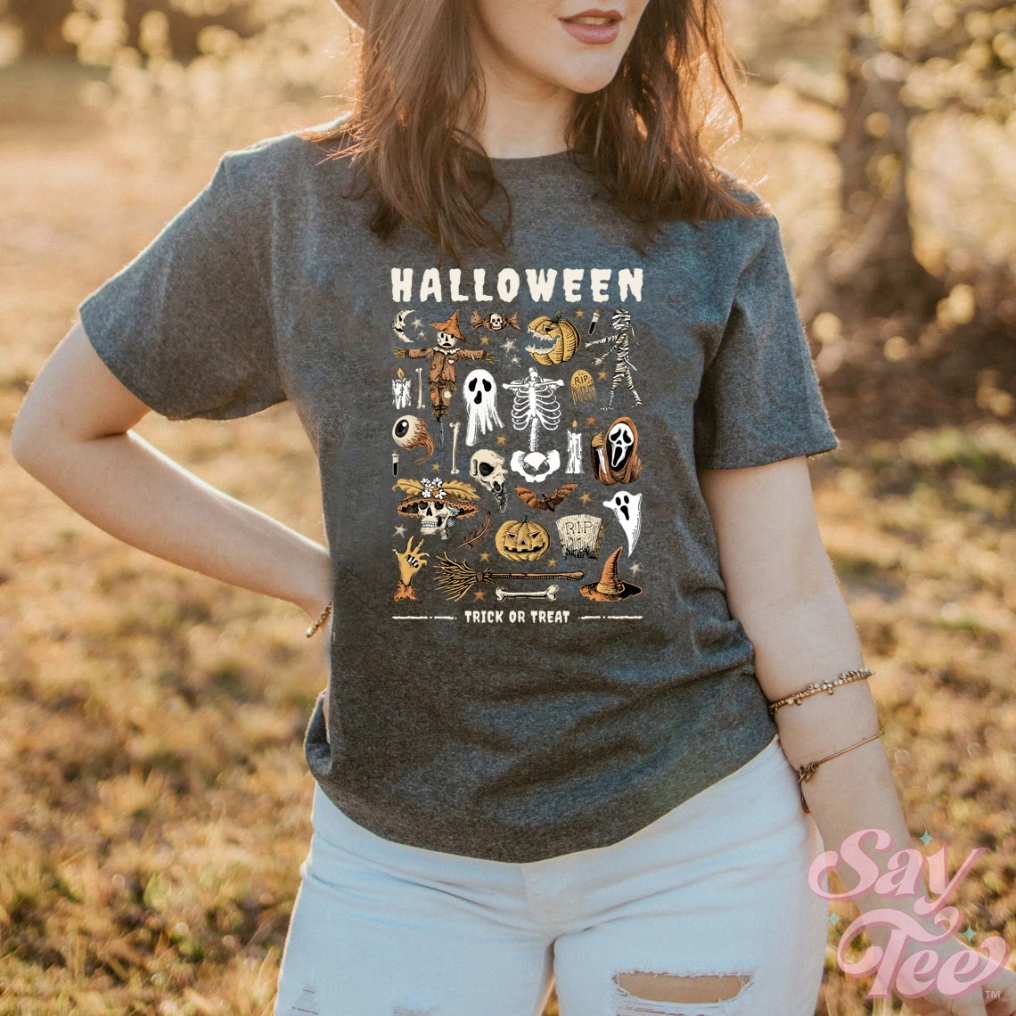 Women Halloween T-shirt Trick or Treat Spooky Witch Shirt Ghost Nightmare Pumpkin shirt vintage aesthetic Tee Halloween Tops