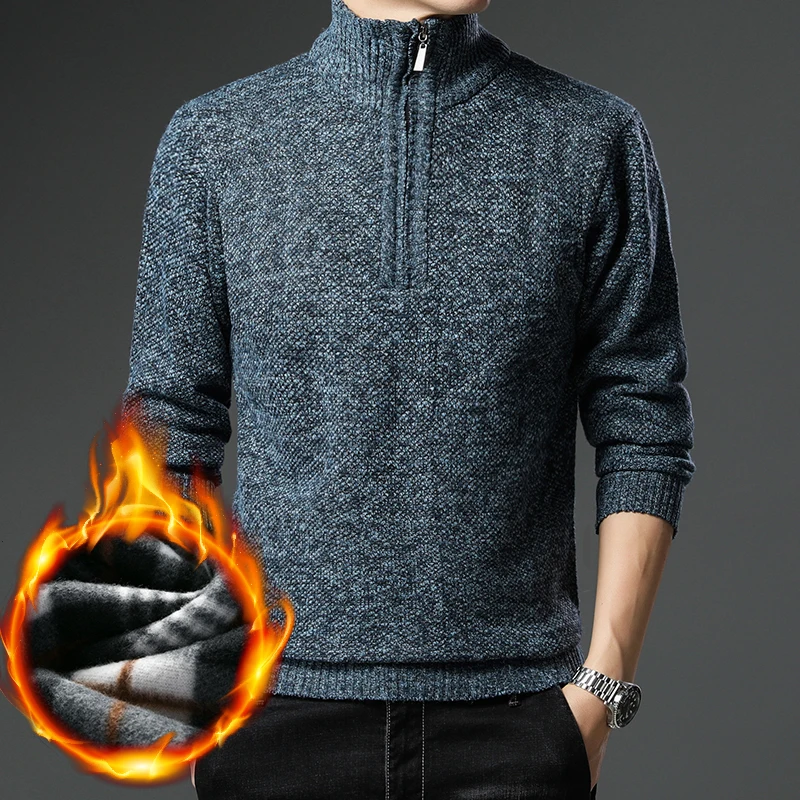 Autumn Winter Men\'s Pullover Sweater Turtleneck Chenille Fleece Warm Slim Handsome Clothes  Zipper Up Jumpers Male Clothing