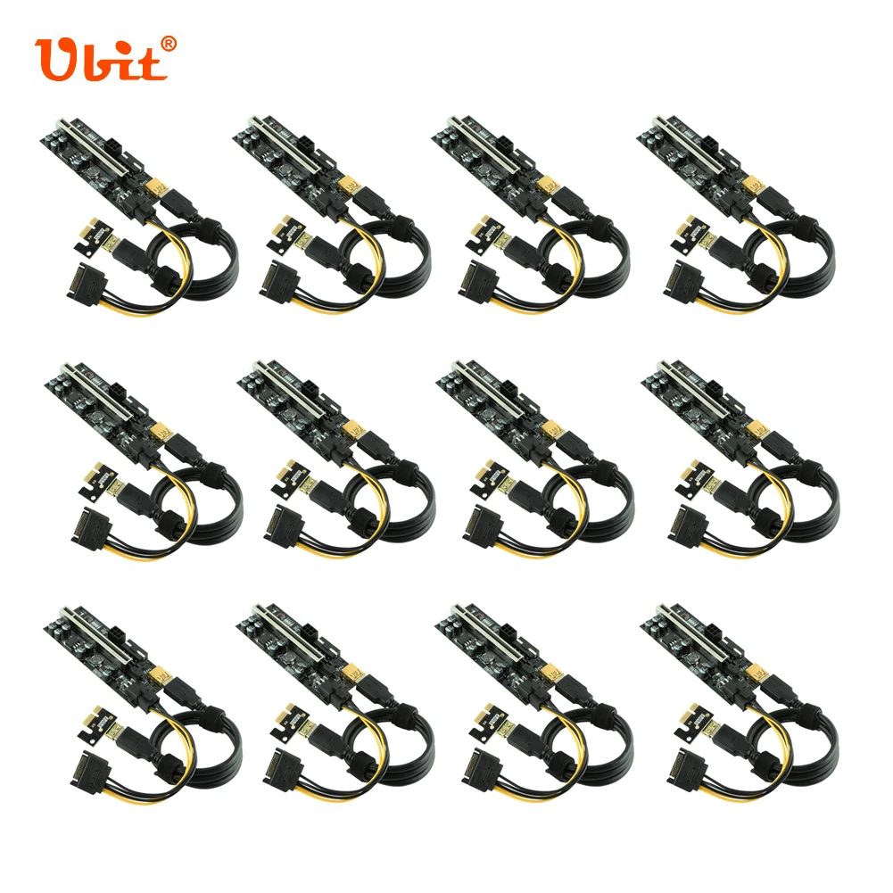 

12pcs Ubit LED PCI-E Riser Adapter VER009C Plus 1X to 16X PCI Express USB3.0 Cable 4pin 6pin Sata 15pin Power Extension Card