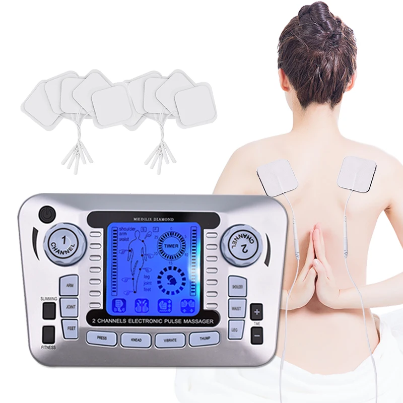 Dual-Output Pulse Massager Electrical Muscle Stimulator Tens Acupuncture Machine Electro Therapy Body Massage Device Pain Relief