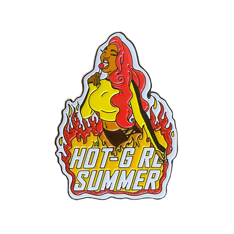 Trader flame Girl red and yellow warm Lapel Pin Manufacturer Letter Red and yellow flame girlish black nickel soft enamel Badge